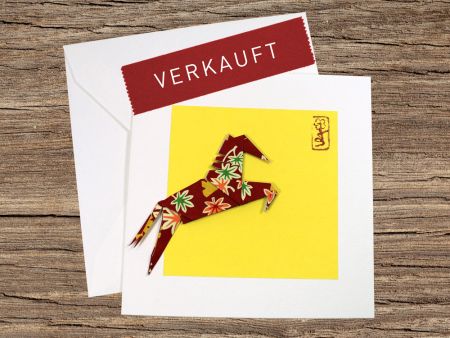 Unikat Origami-ART Springpferd Sonnenpferd handgefaltet auf Zitronengelbem Hintergrund